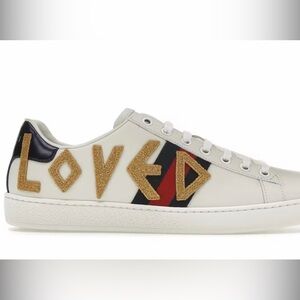 Gucci White Leather Sneakers with Gold 'LOVED' Glitter and Navy/Red Stripe